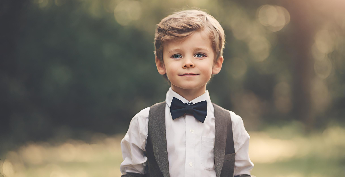 a littlie boy wearing a black bowtie