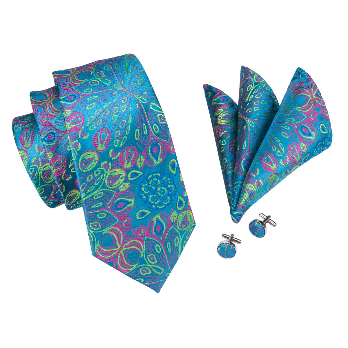 Blue Green Floral Tie Handkerchief Cufflinks Set with Brooch