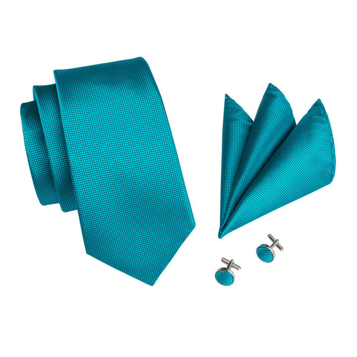 Men's Necktie Teal Blue Solid Tie Pocket Square Cufflinks Set