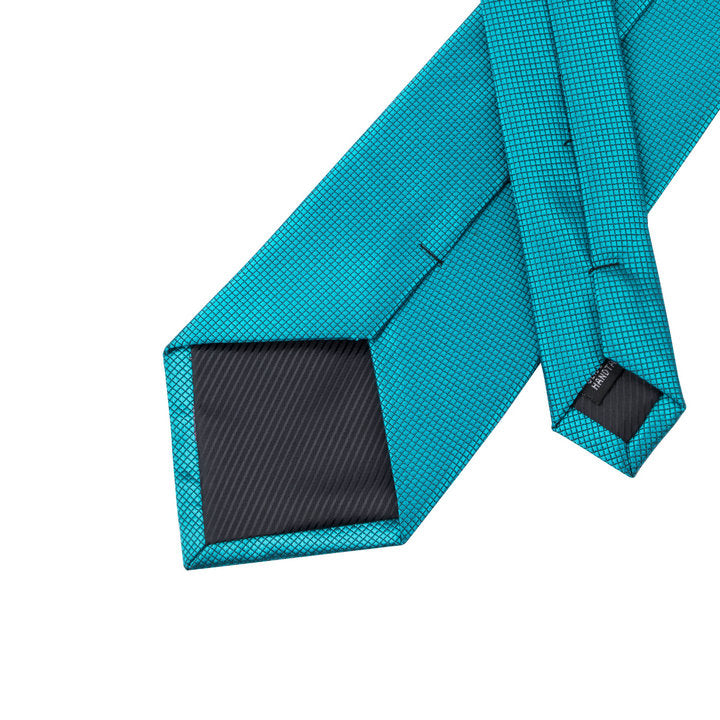 Men's Necktie Teal Blue Solid Tie Pocket Square Cufflinks Set