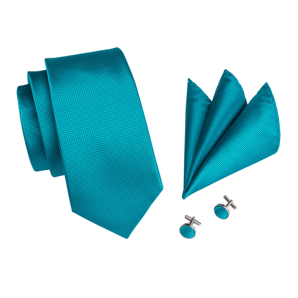 Men's Necktie Teal Blue Solid Tie Pocket Square Cufflinks Set