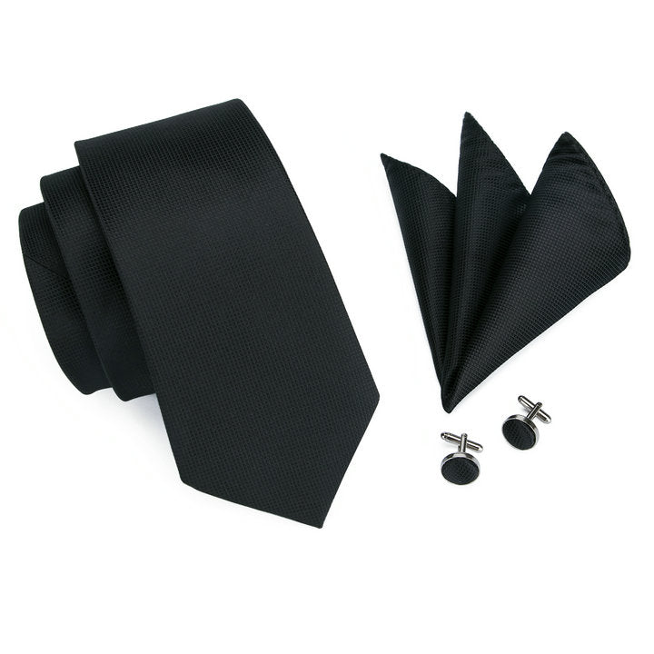 Black Necktie Solid Silk Men's Tie Handkerchief Cufflinks Set