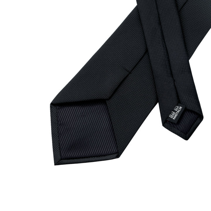 Black Necktie Solid Silk Men's Tie Handkerchief Cufflinks Set