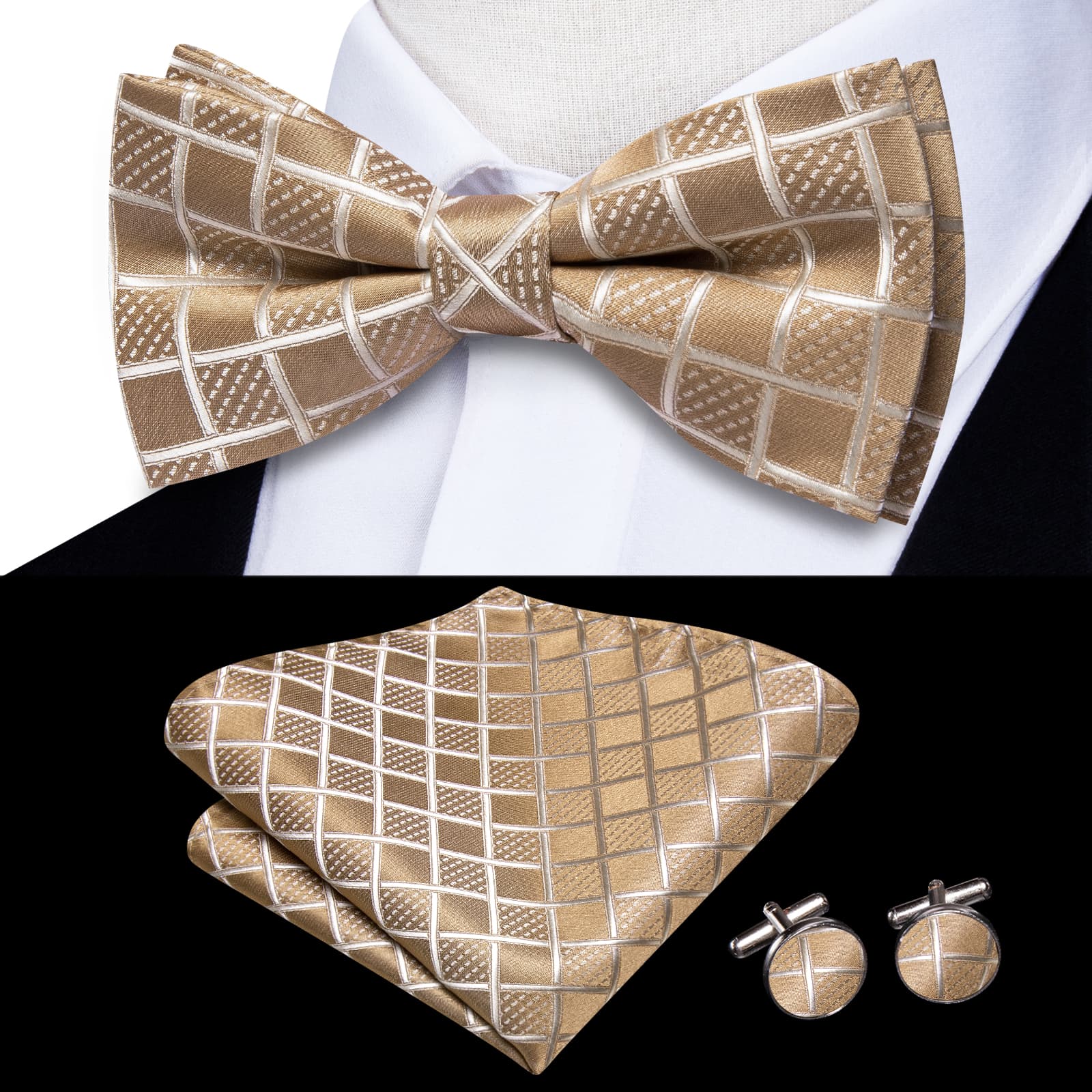 Light Tan Brown Bow Ties Men Plaid Necktie Hanky Cufflinks Set