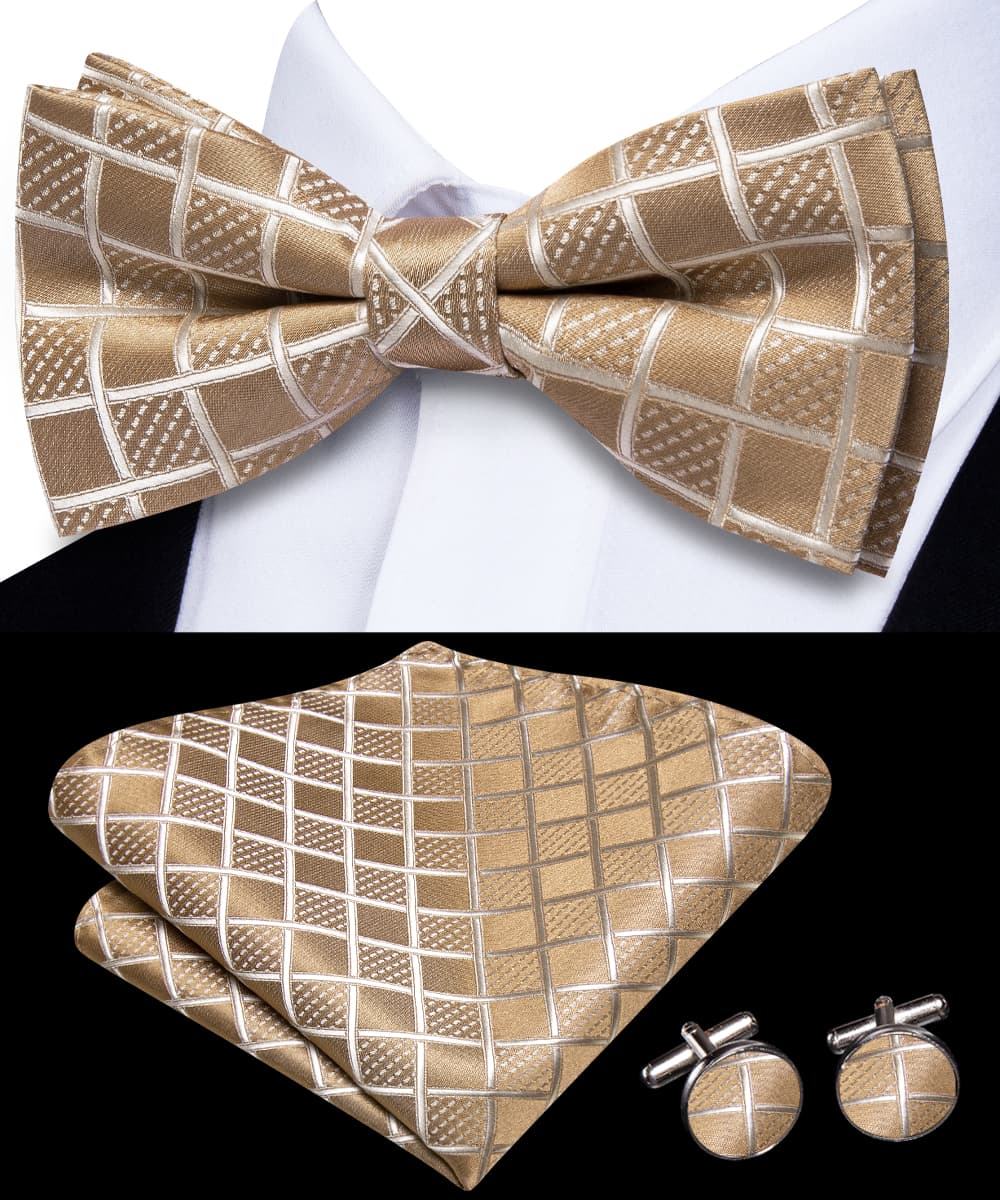 Light Tan Brown Bow Ties Men Plaid Necktie Hanky Cufflinks Set