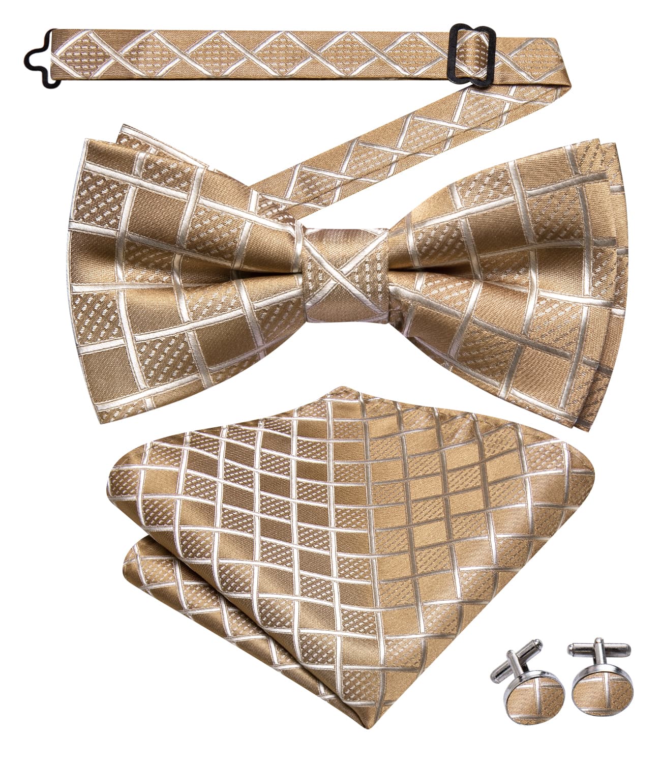 Light Tan Brown Bow Ties Men Plaid Necktie Hanky Cufflinks Set