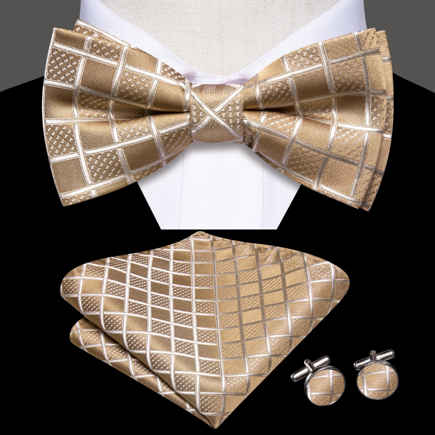 Light Tan Brown Bow Ties Men Plaid Necktie Hanky Cufflinks Set