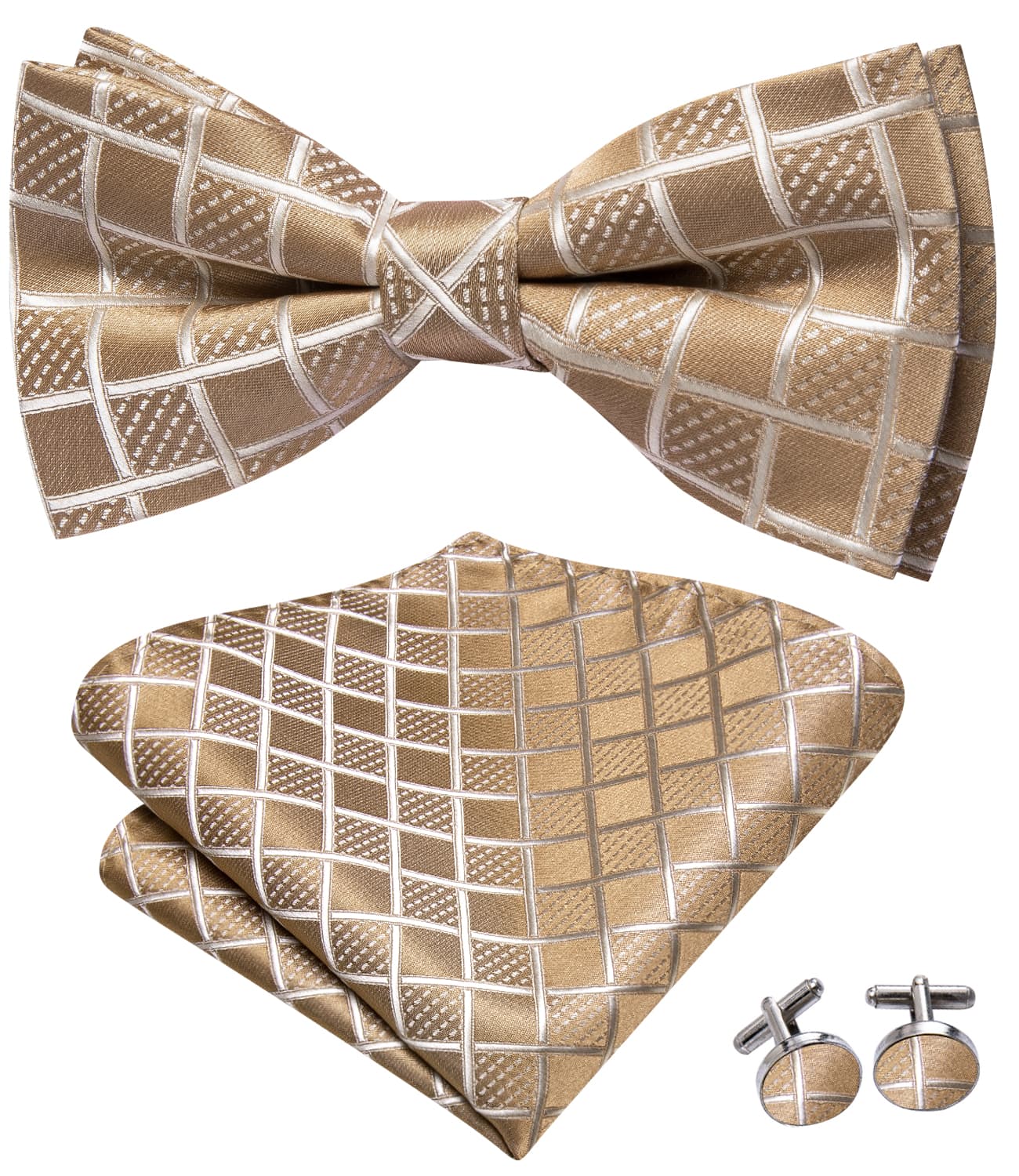 Light Tan Brown Bow Ties Men Plaid Necktie Hanky Cufflinks Set