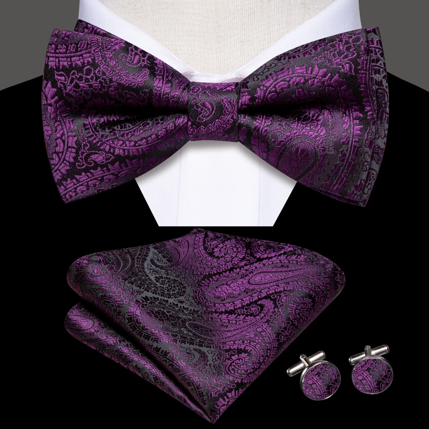 Black Purple Jacquard Paisley Mens Bow Tie Hanky Cufflinks Set