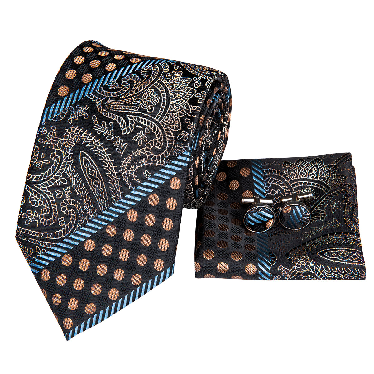 Men's Necktie Black Blue Novelty Silk Tie Hanky Cufflinks Set