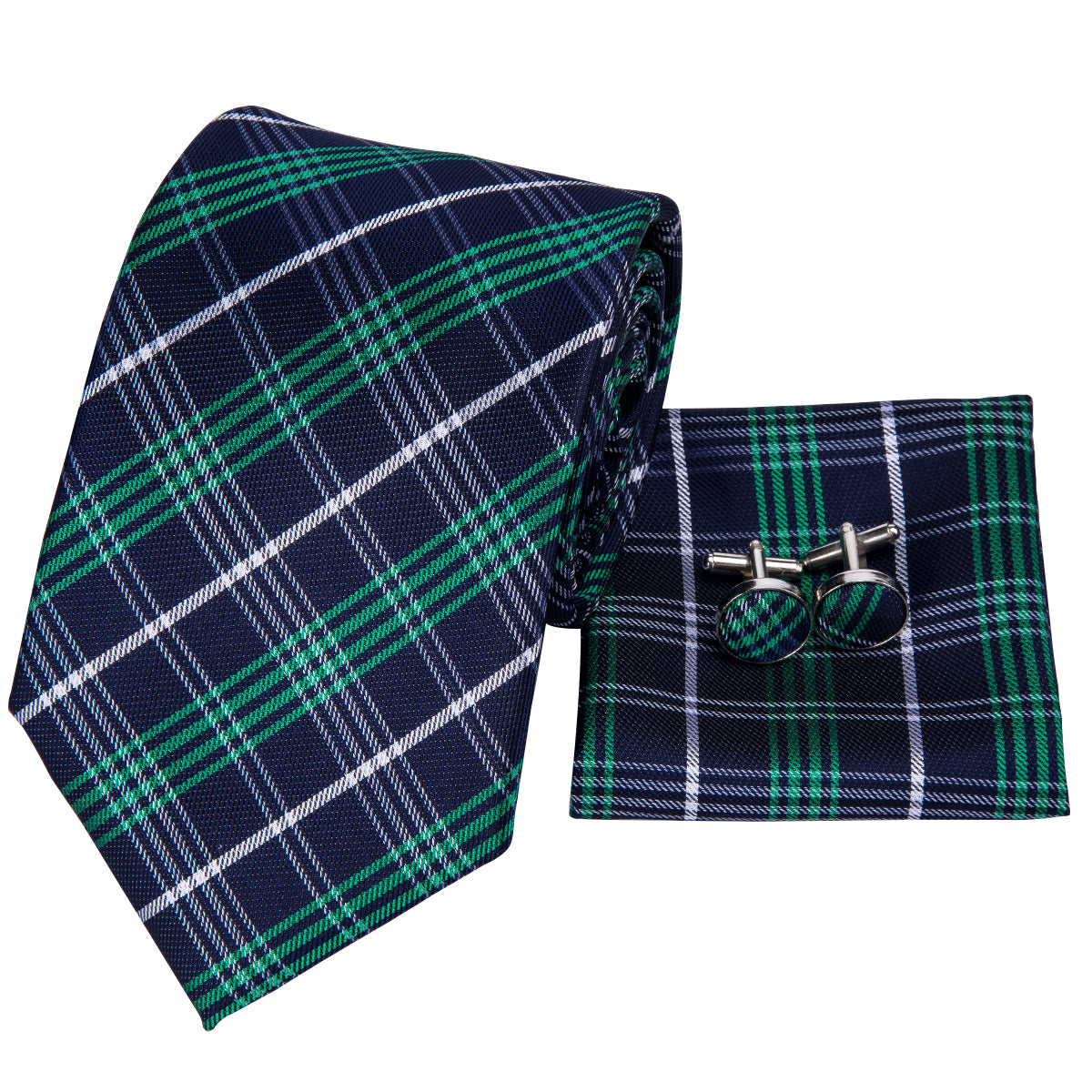 Green Blue Plaid Men's Necktie Pocket Square Cufflinks Set