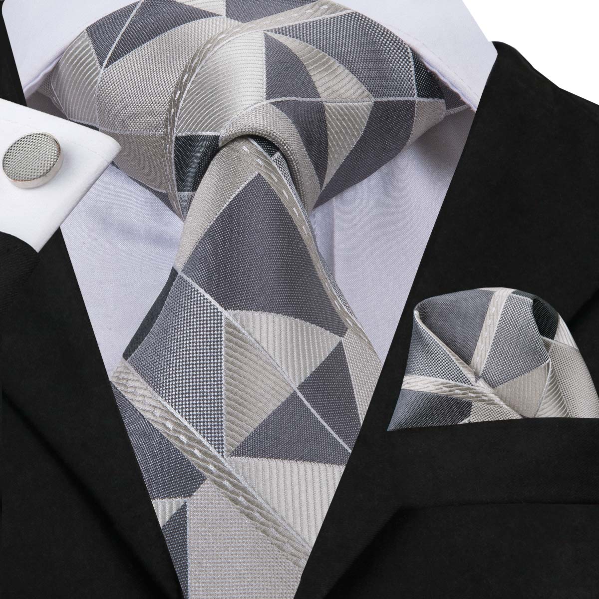 Men's Grey Beige Novelty Plaid Tie Pocket Square Cufflinks Set