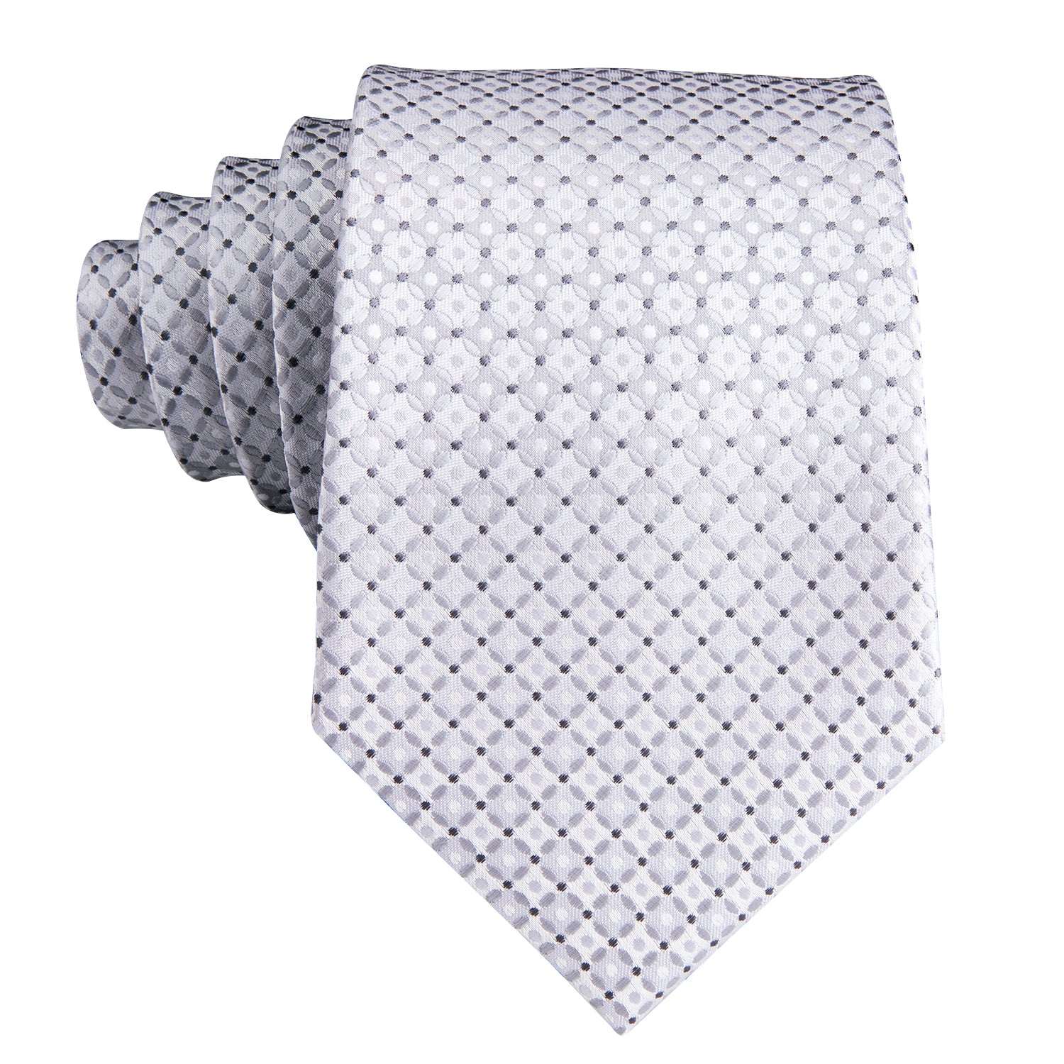 White Necktie Silver Plaid Dot Tie Pocket Square Cufflinks Set
