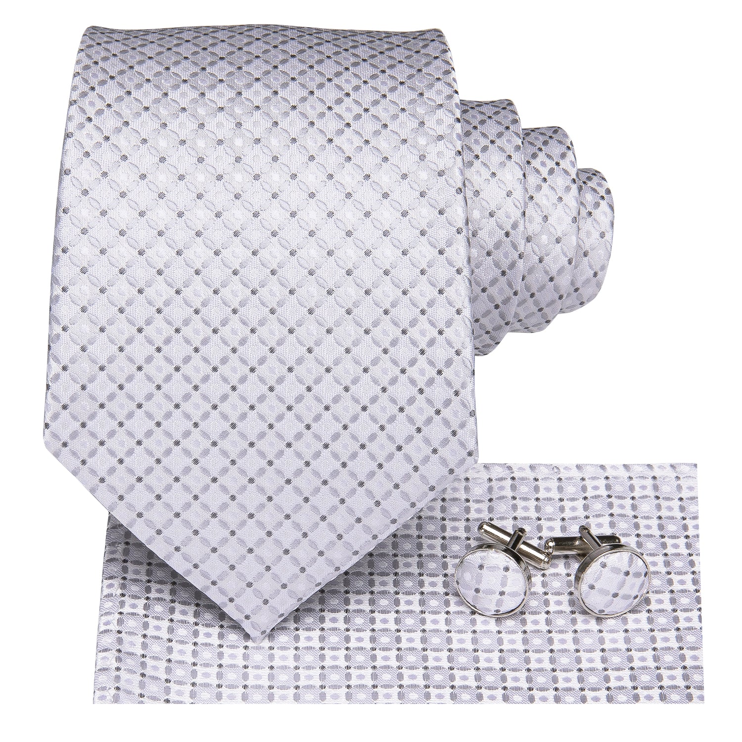 White Necktie Silver Plaid Dot Tie Pocket Square Cufflinks Set