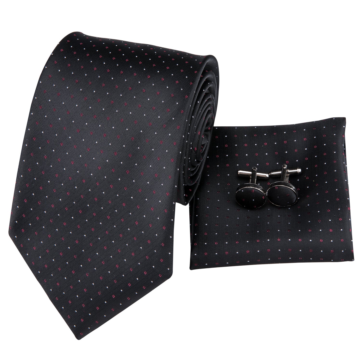 Black Tie Red White Polka Dots Mens Necktie Hanky Cufflinks Set