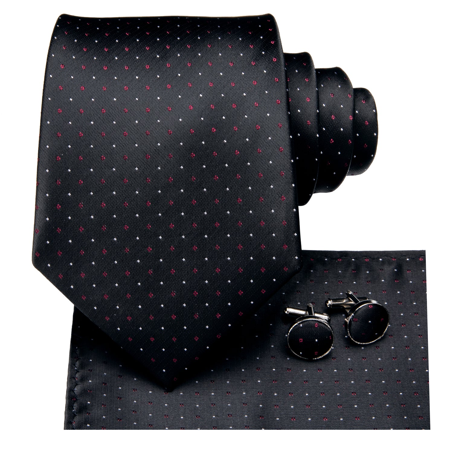 Black Tie Red White Polka Dots Mens Necktie Hanky Cufflinks Set