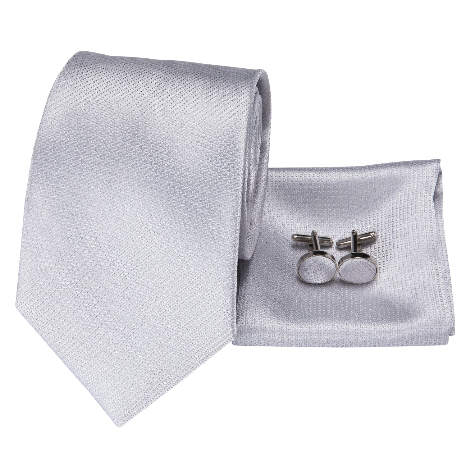 Mens Grey Necktie Popular Silver Tie Pocket Square Cufflinks Set