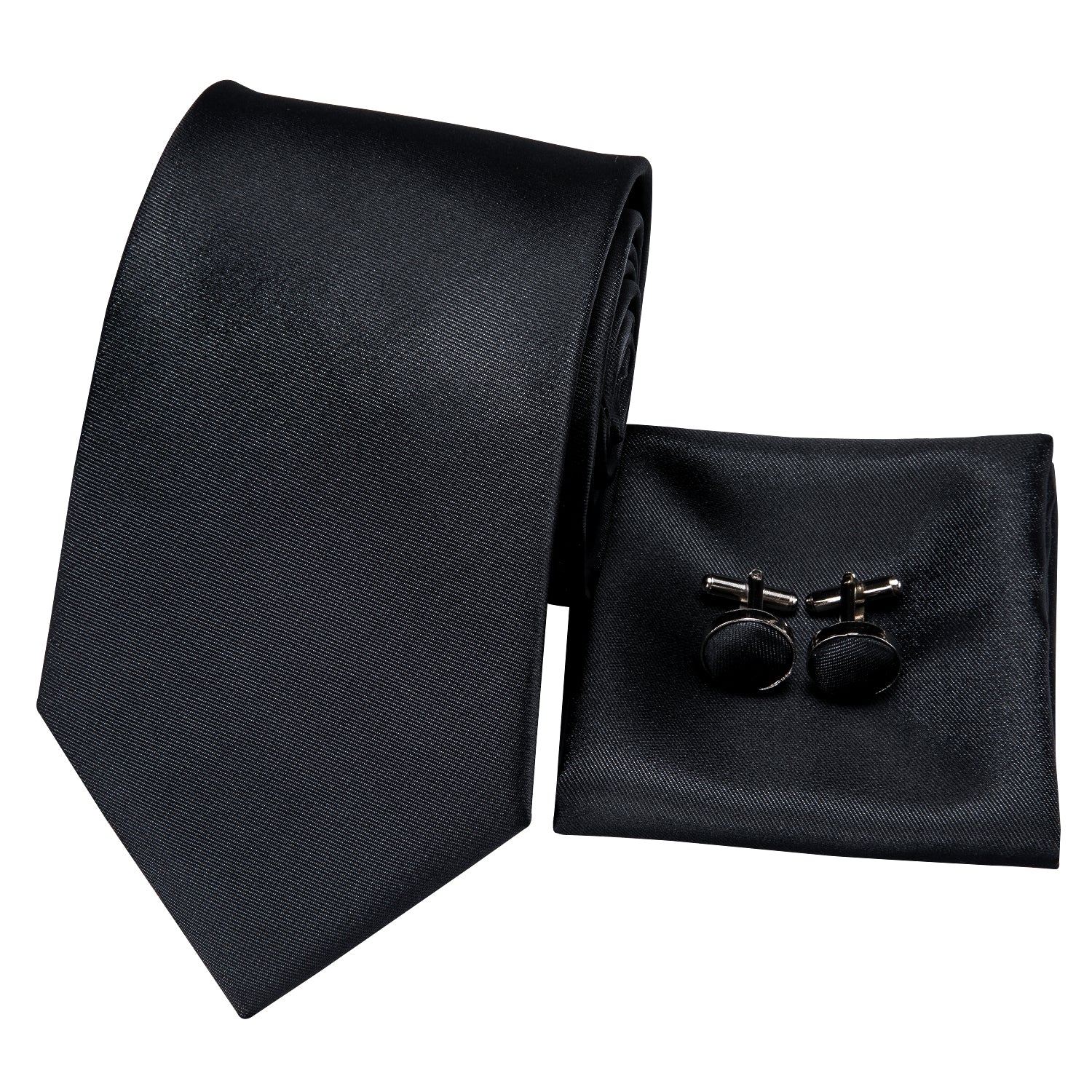 Black Wedding Necktie Solid Men Tie Pocket Square Cufflinks Set
