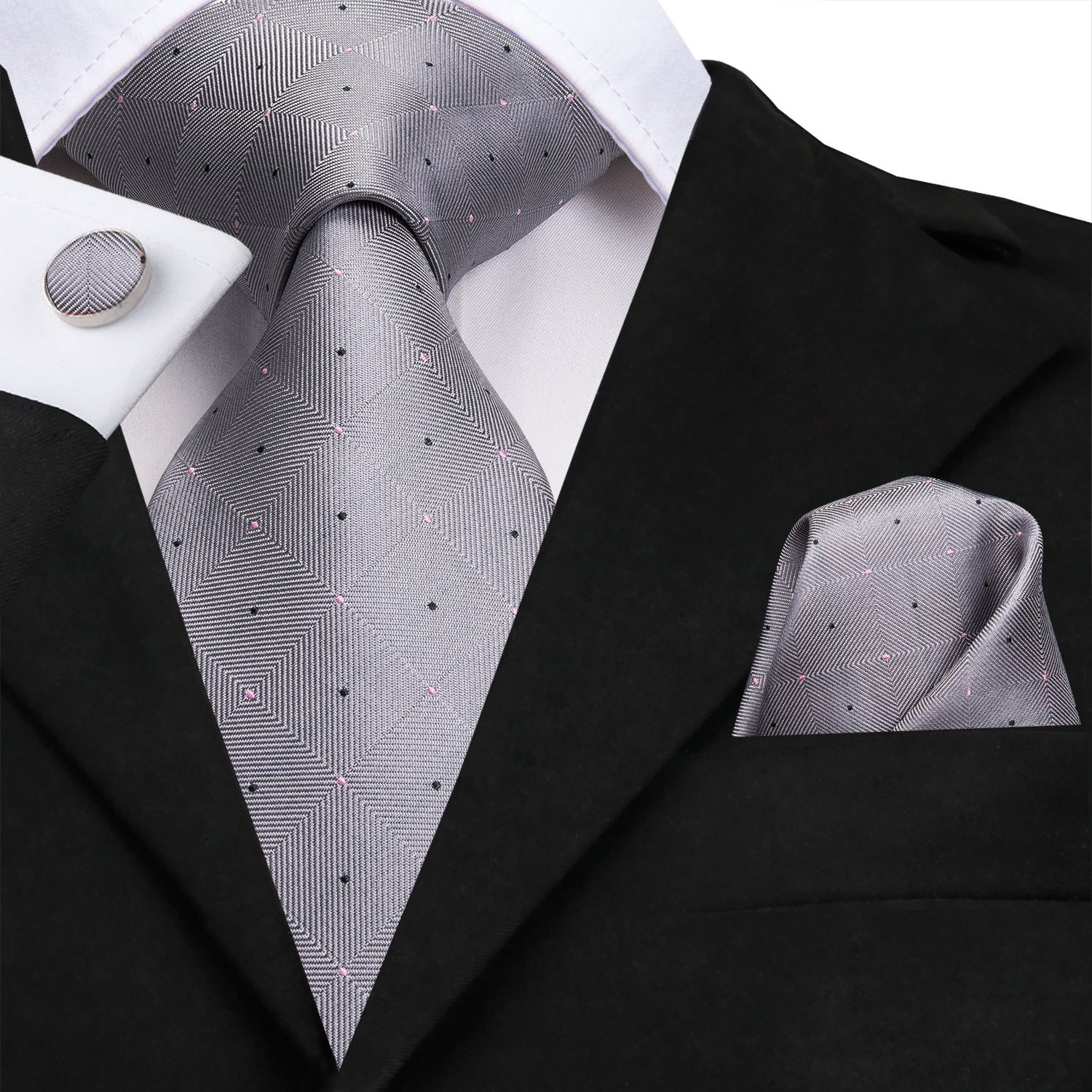 Grey Black Plaid Wedding Necktie Pocket Square Cufflinks Set