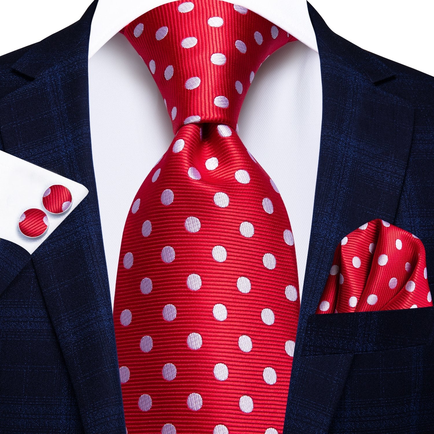 Navy blue suit Red Snow Polka Dot Tie Pocket Square Cufflinks Set