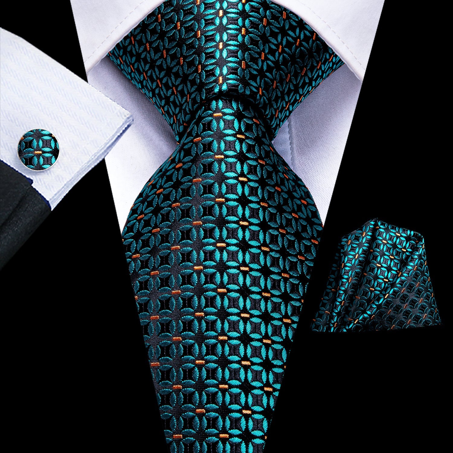 Turquoise Polka Dot Tie Handkerchief Cufflinks Set with Wedding Brooch