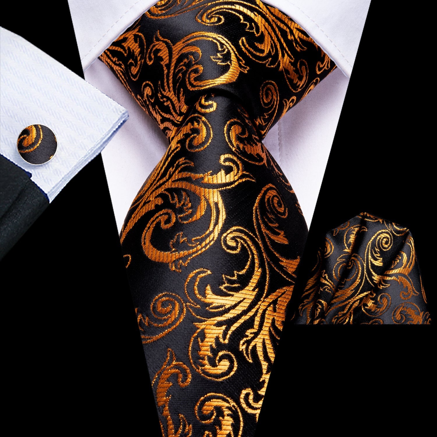Black Golden Paisley Tie Hanky Cufflinks Wedding Brooch Set