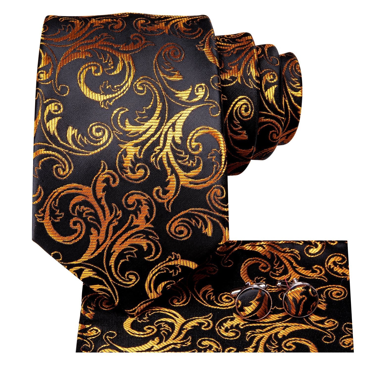 Black Golden Paisley Tie Hanky Cufflinks Wedding Brooch Set