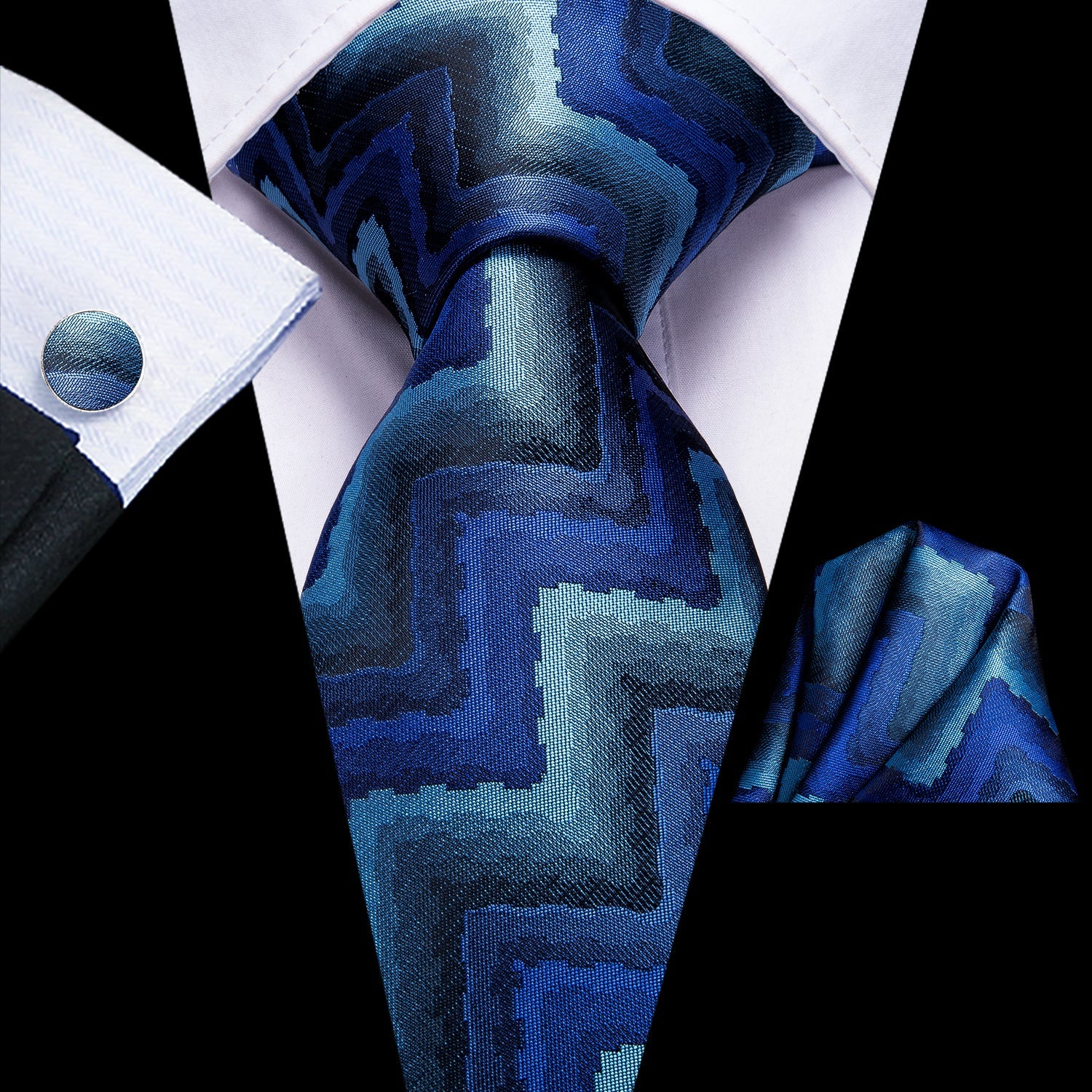 Hi-Tie Blue Striped Novelty Tie Pocket Square Cufflinks Set with Wedding Brooch