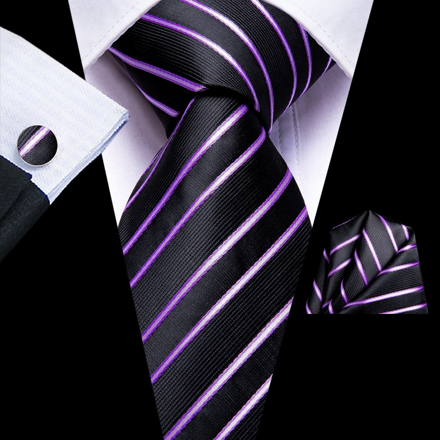 Black Pink Striped Tie Pocket Hanky Cufflinks Wedding Brooch.
