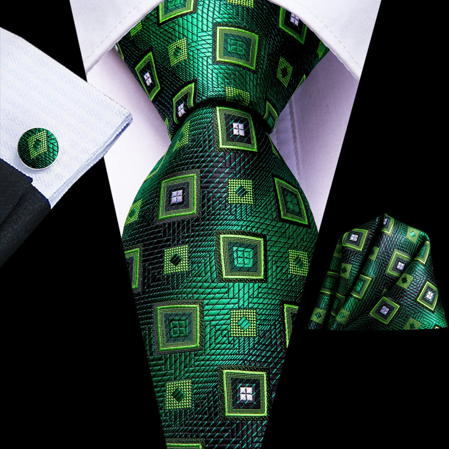 Green Plaid Novelty Tie Pocket Square Cufflinks Set with Wedding Brooch