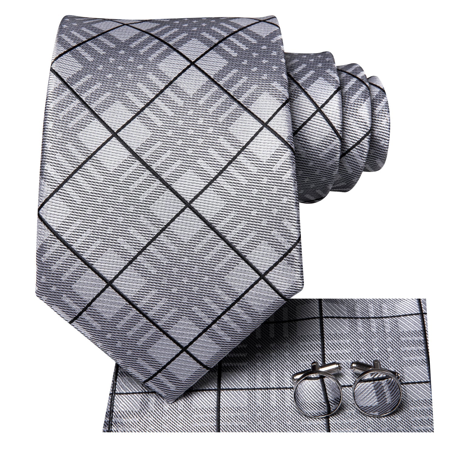 Grey Black Plaid Tie Handkerchief Cufflinks Set with Wedding Brooch