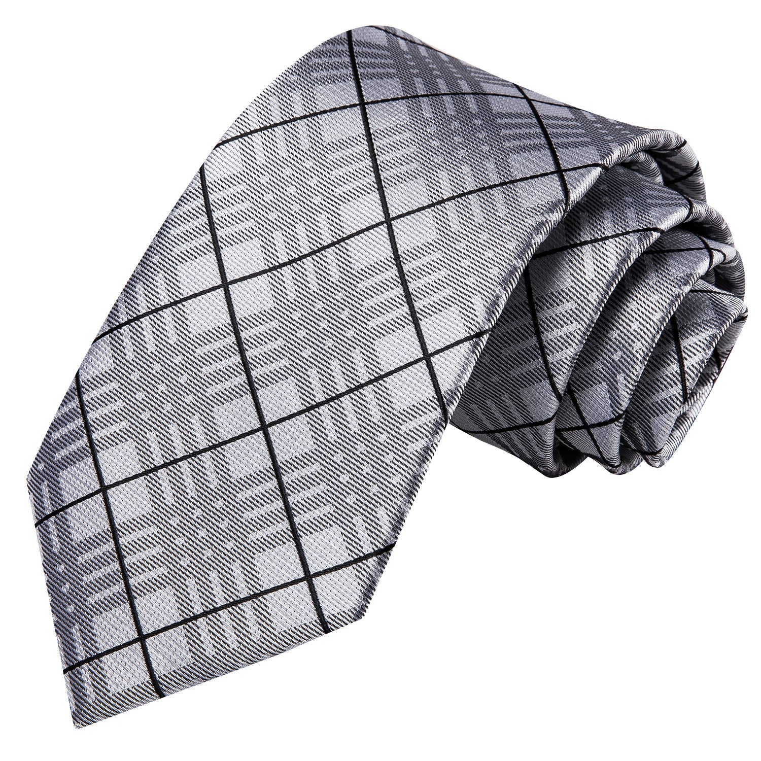 Grey Black Plaid Tie Handkerchief Cufflinks Set with Wedding Brooch