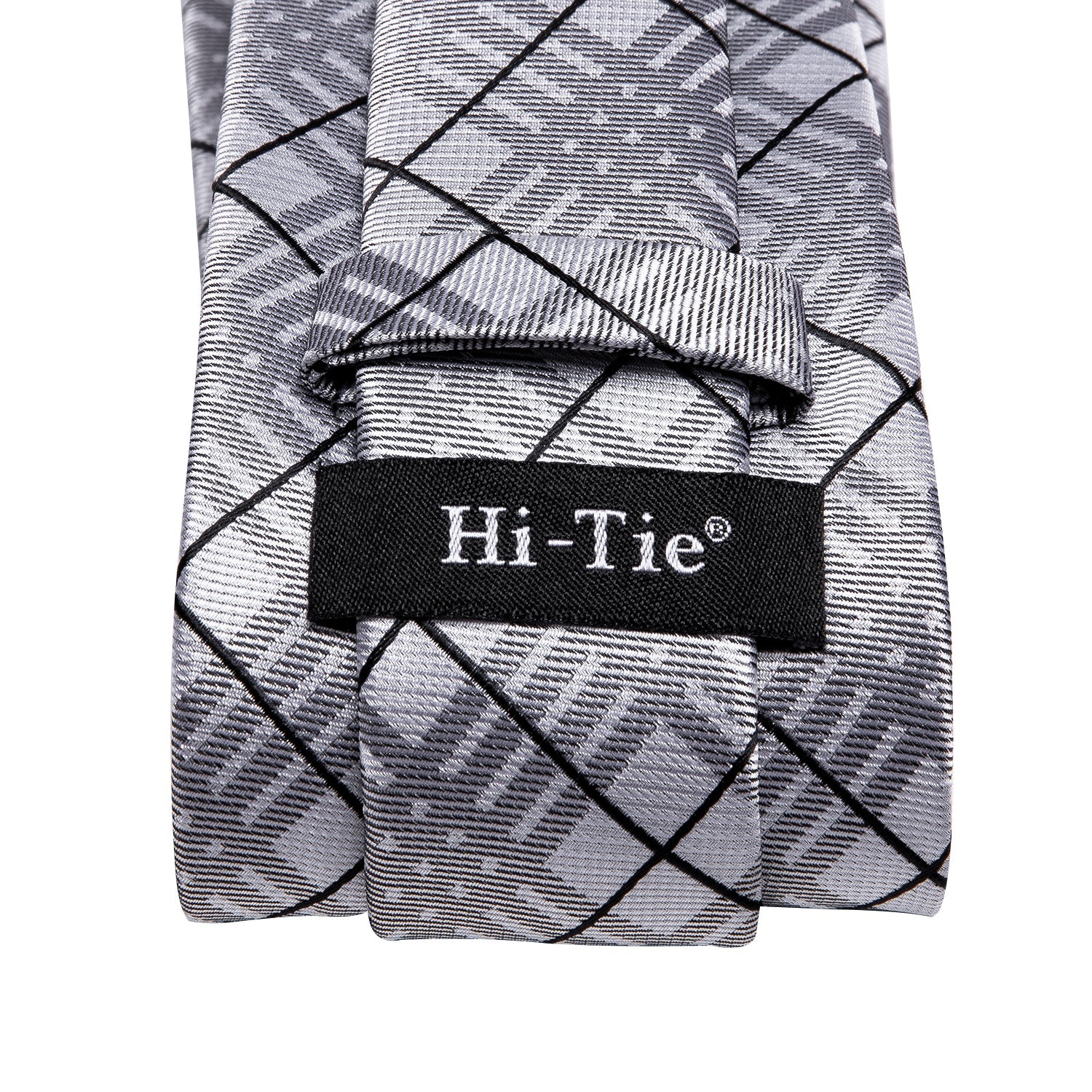 Grey Black Plaid Tie Handkerchief Cufflinks Set with Wedding Brooch
