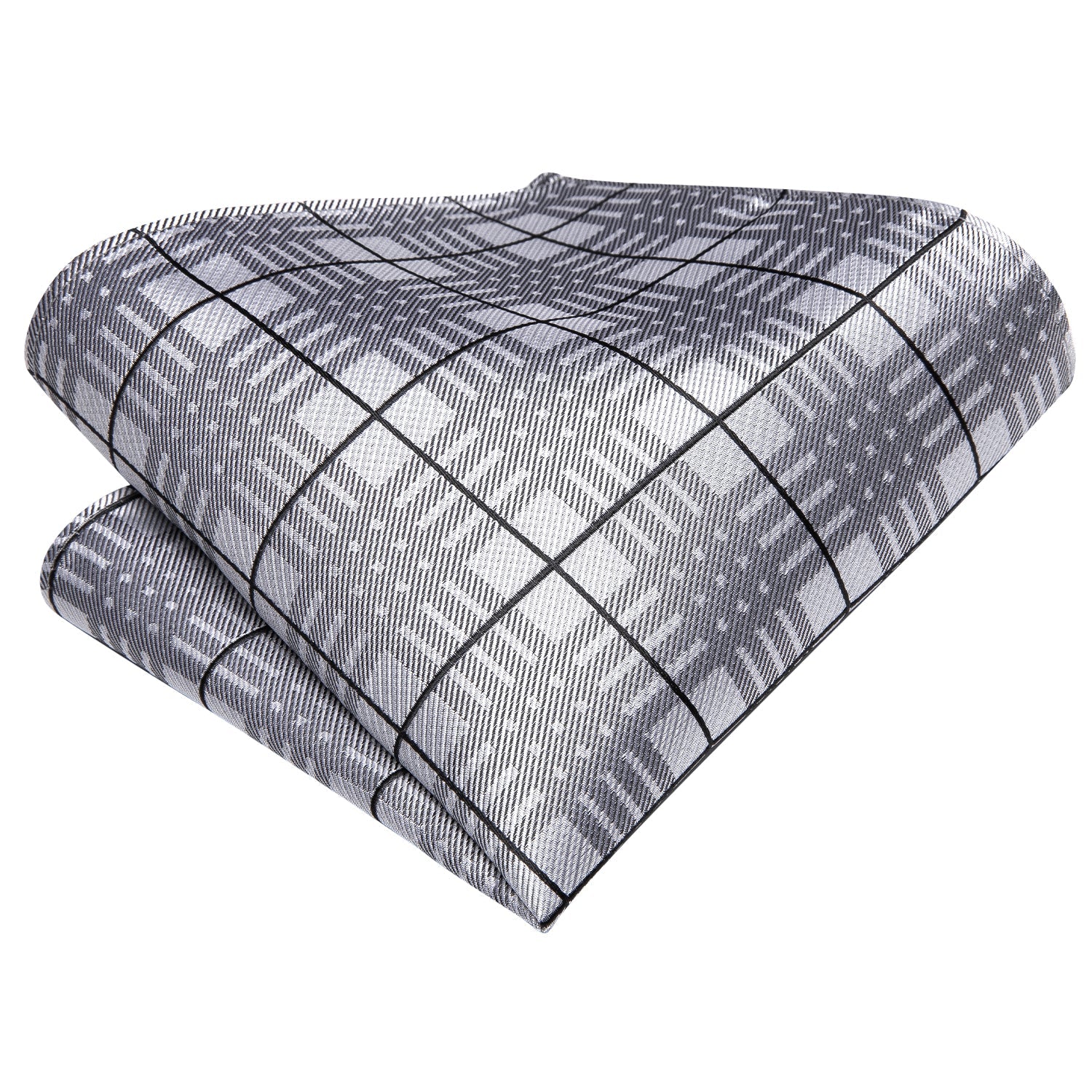 Grey Black Plaid Tie Handkerchief Cufflinks Set with Wedding Brooch