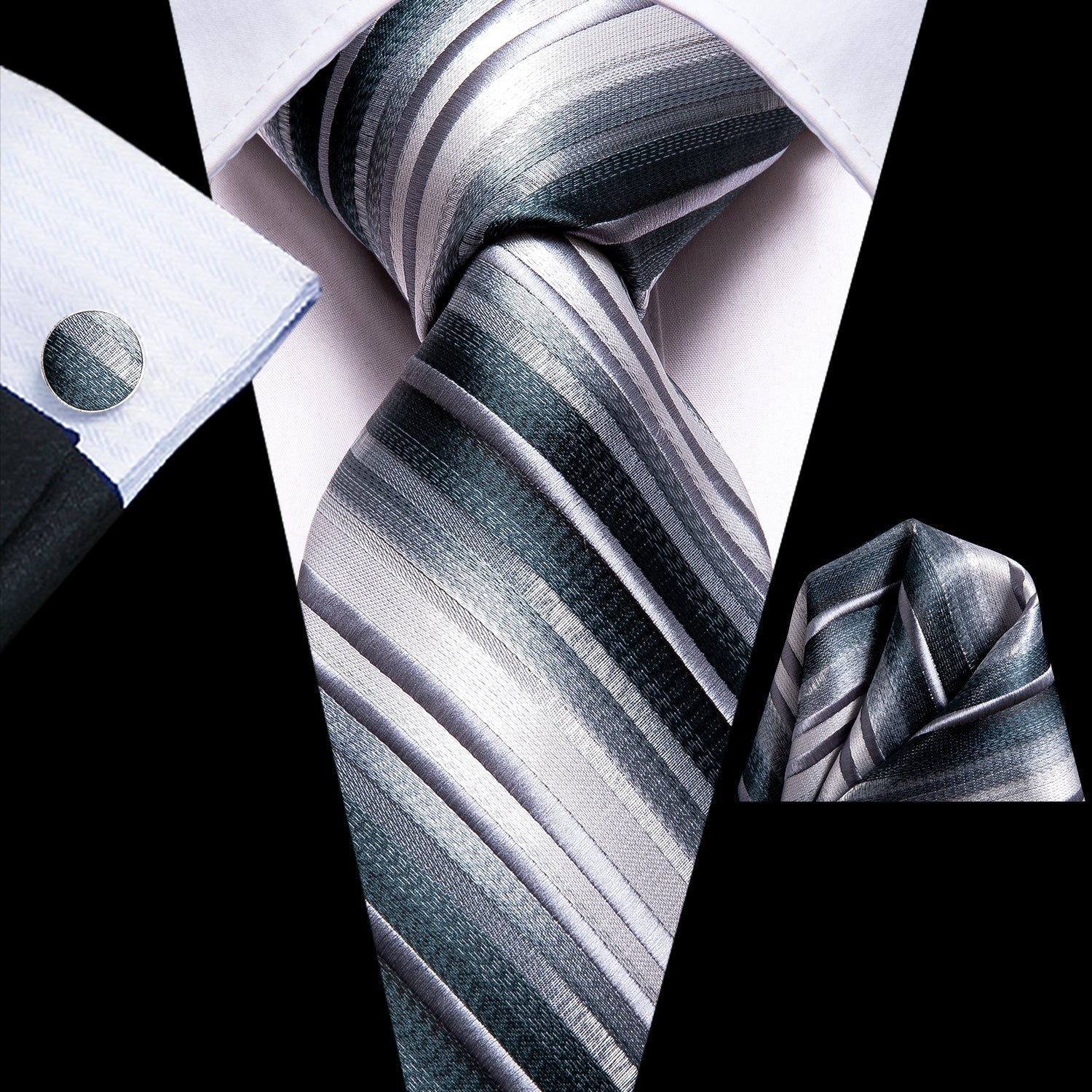 Green Grey White Striped Tie Pocket Square Cufflinks Set with Wedding Brooch