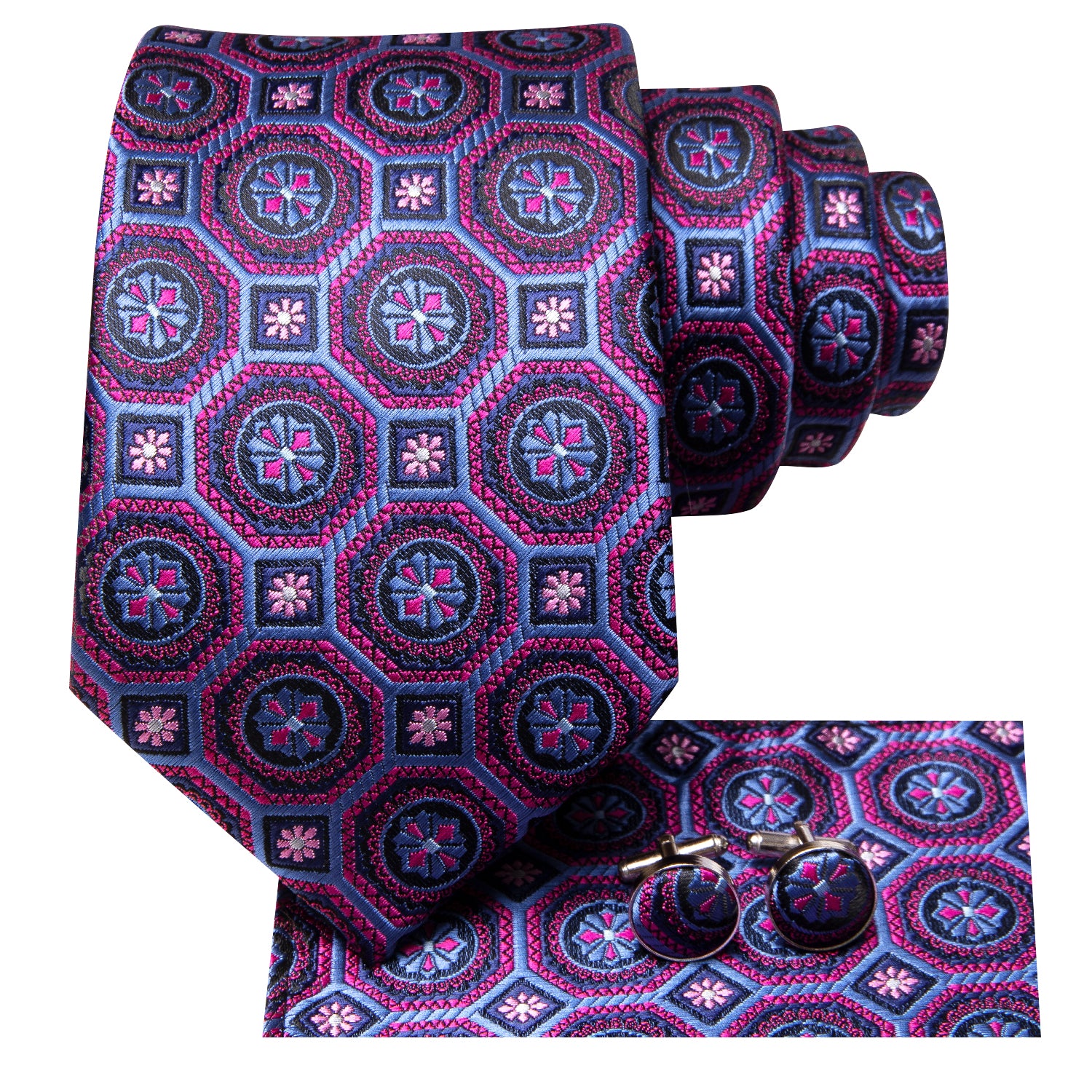 Purple Blue Novelty Men's Tie Pocket Square Cufflinks Set