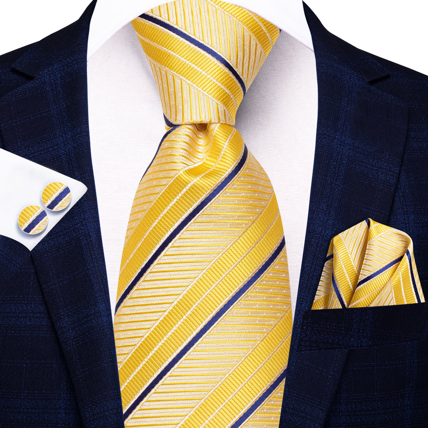 Yellow Necktie Blue Stripes Men Tie Pocket Square Cufflinks Set