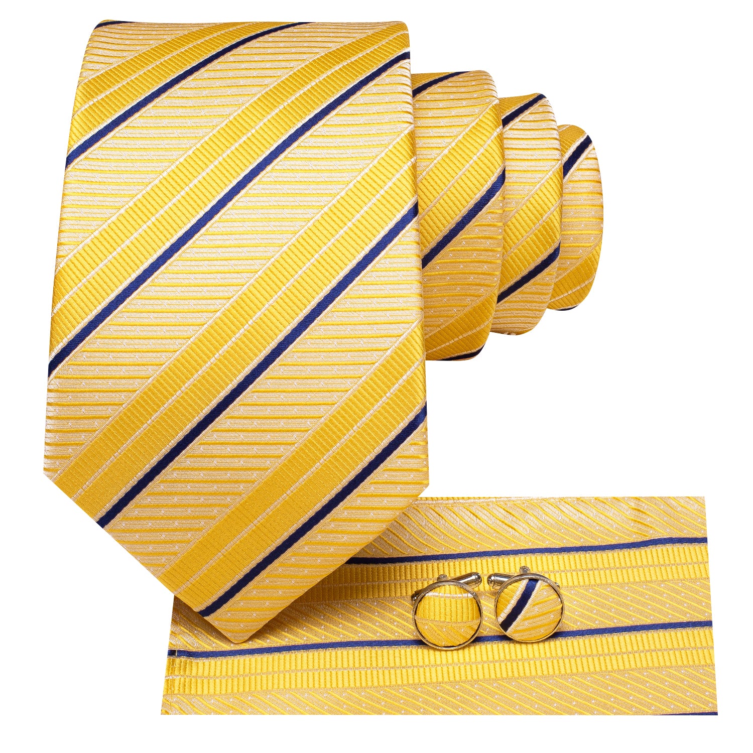 Yellow Necktie Blue Stripes Men Tie Pocket Square Cufflinks Set