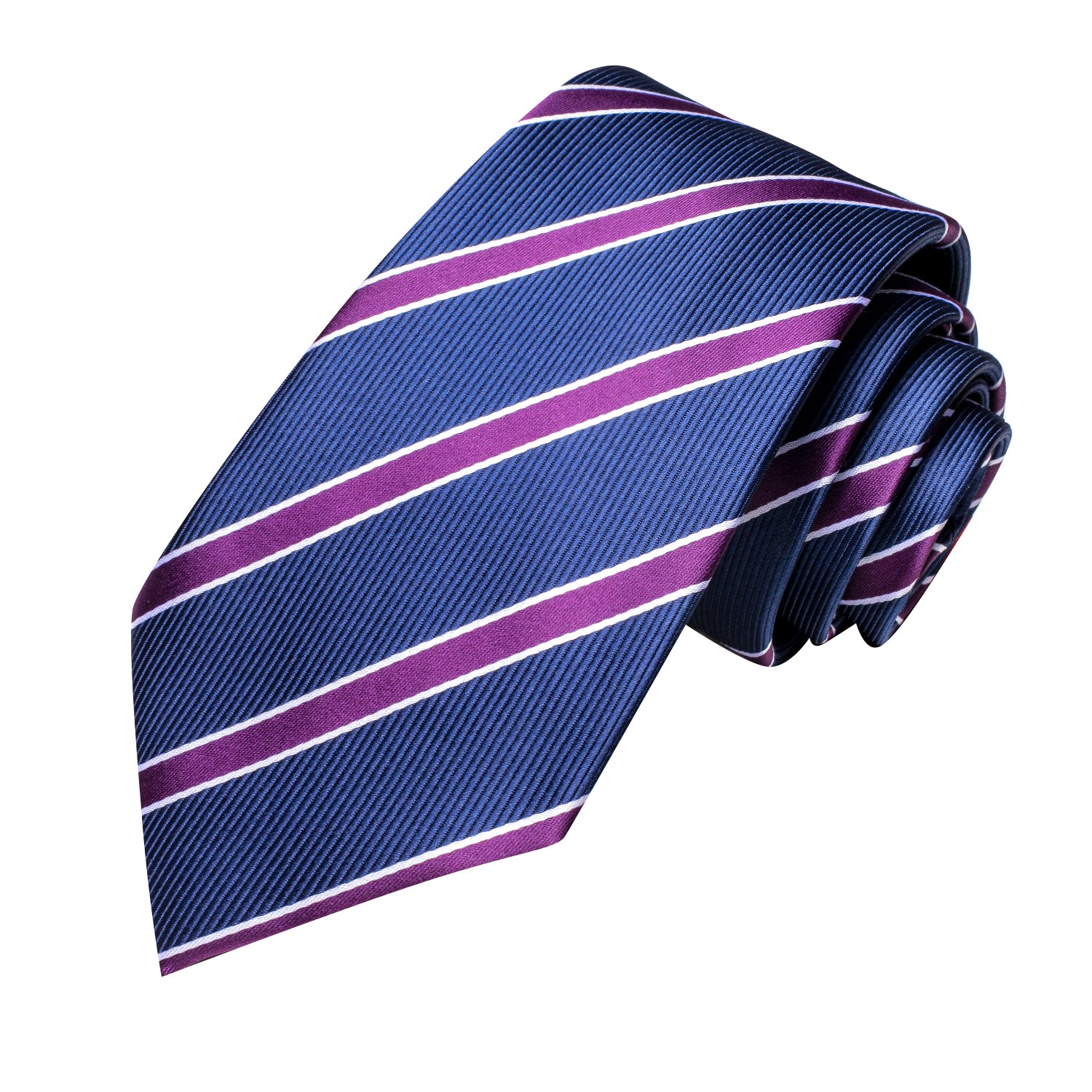Blue Purple Striped Silk Necktie Pocket Square Cufflinks Set