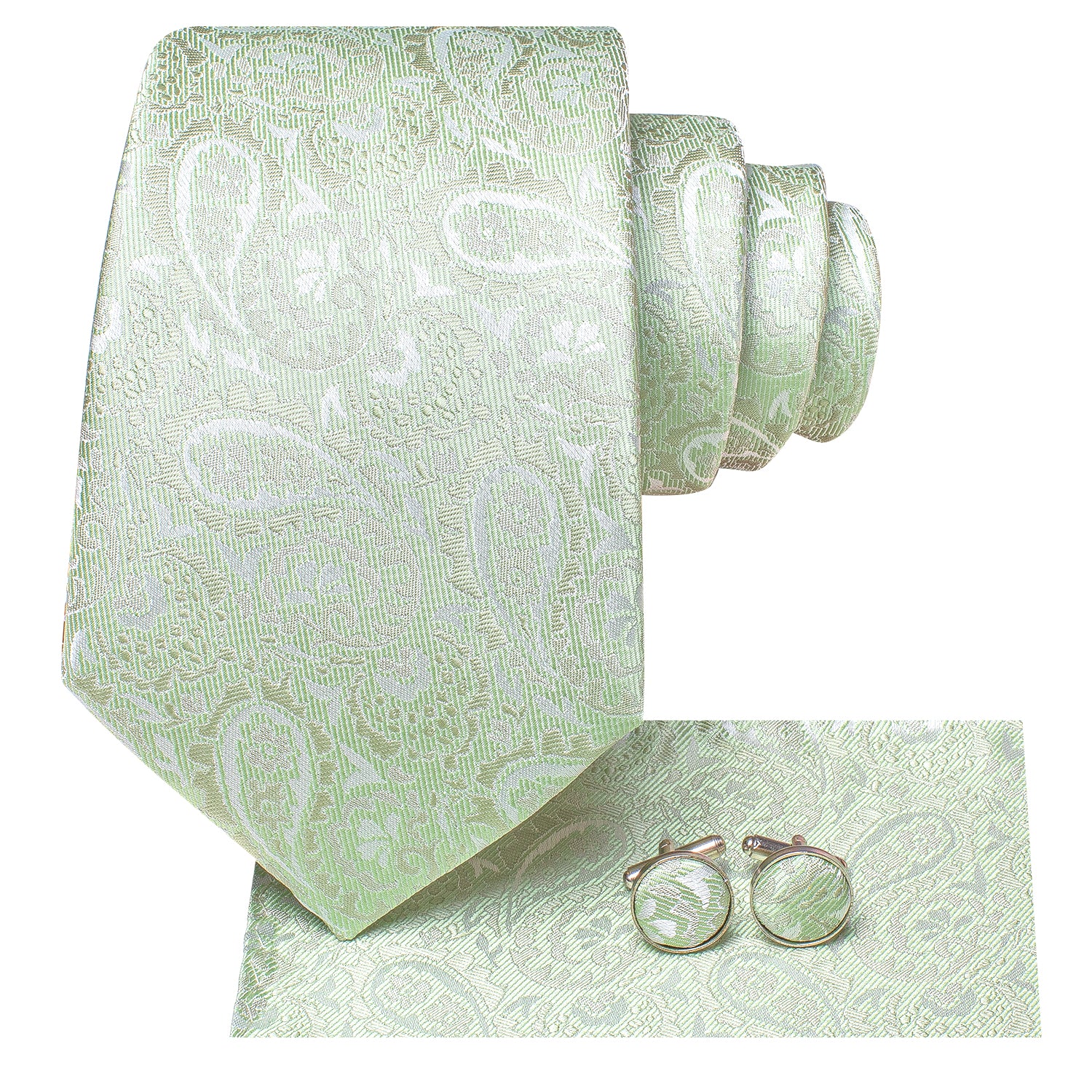 Mint Green Paisley Silk Men Necktie Pocket Square Cufflinks Set