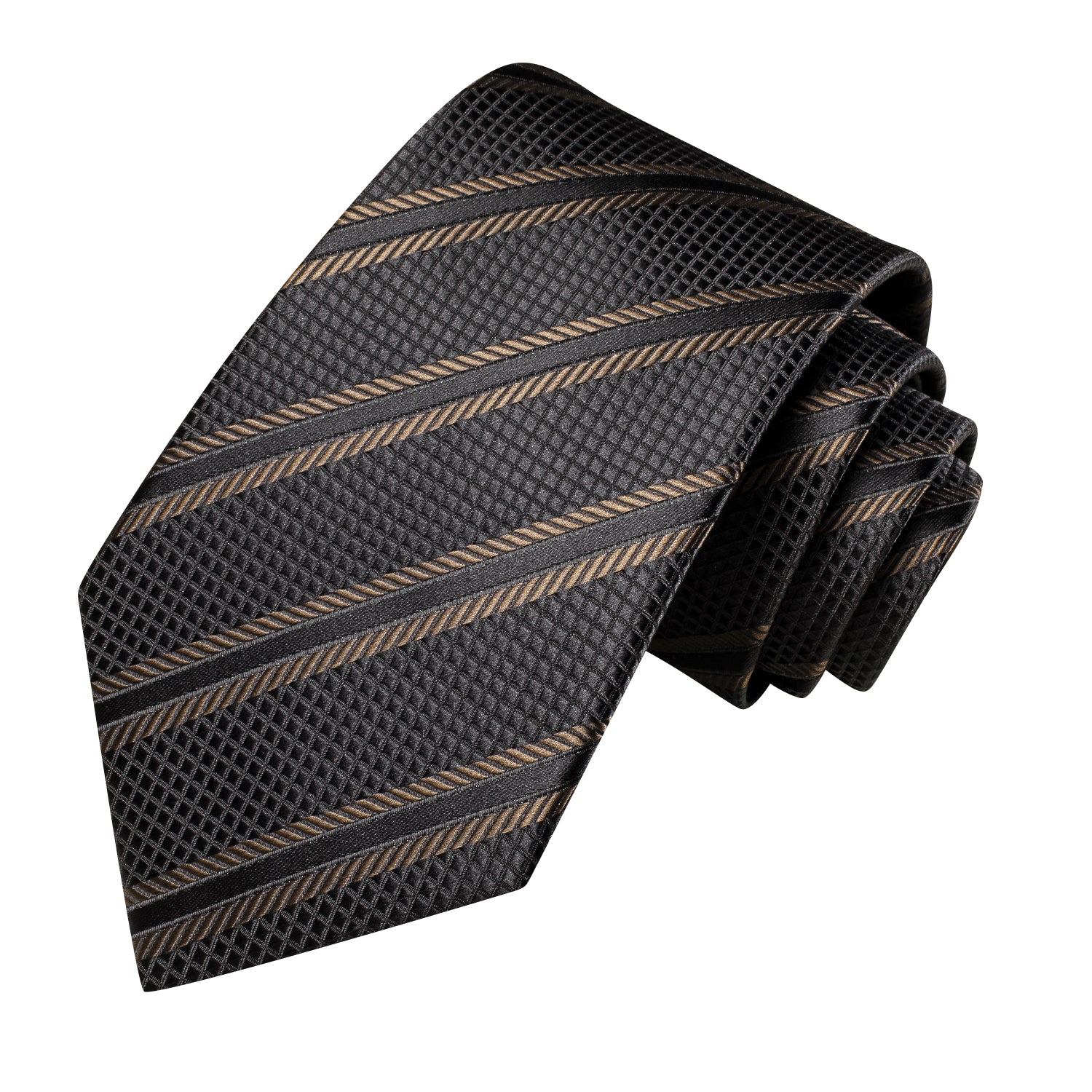 Black Brown Striped Silk Tie Pocket Square Cufflink Set for Men