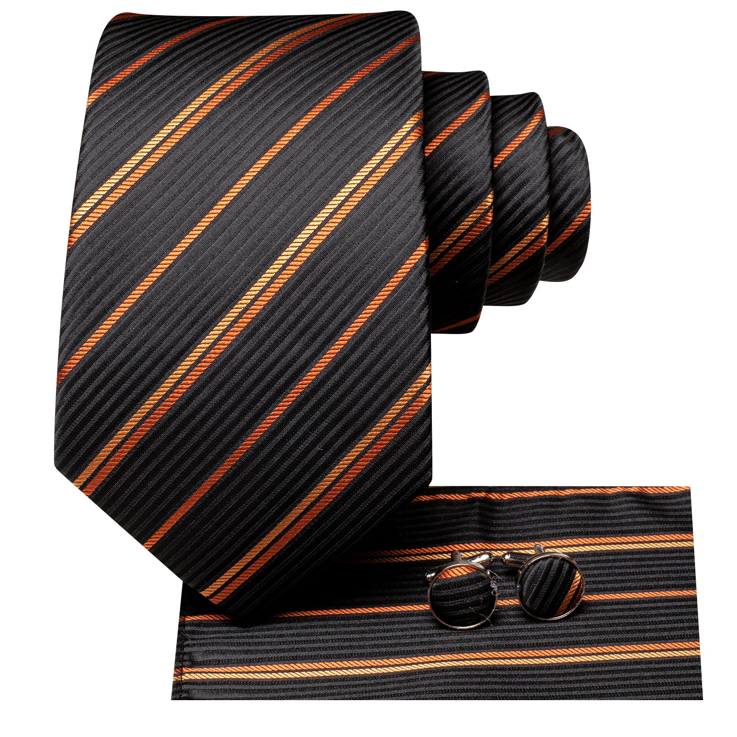 Black Orange Strip Silk Tie Pocket Square Cufflinks Set Business
