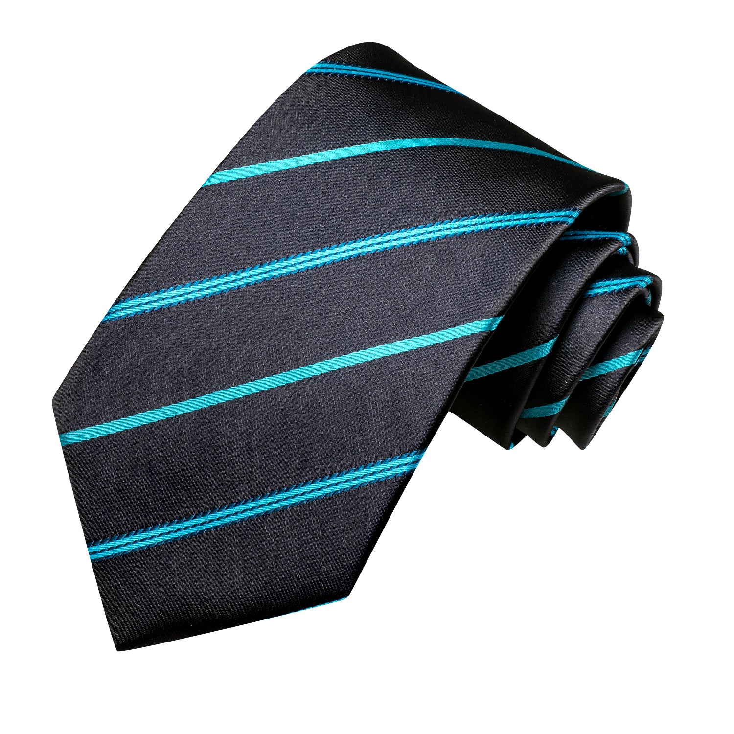 Black Necktie Blue Stripes Mens Tie Pocket Square Cufflinks Set
