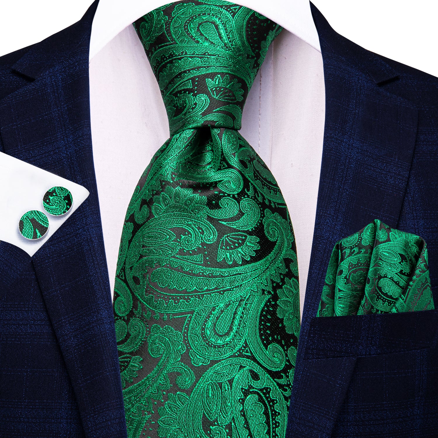 Green Paisley 67 Inches Extra Long Tie Handkerchief Cufflinks Set