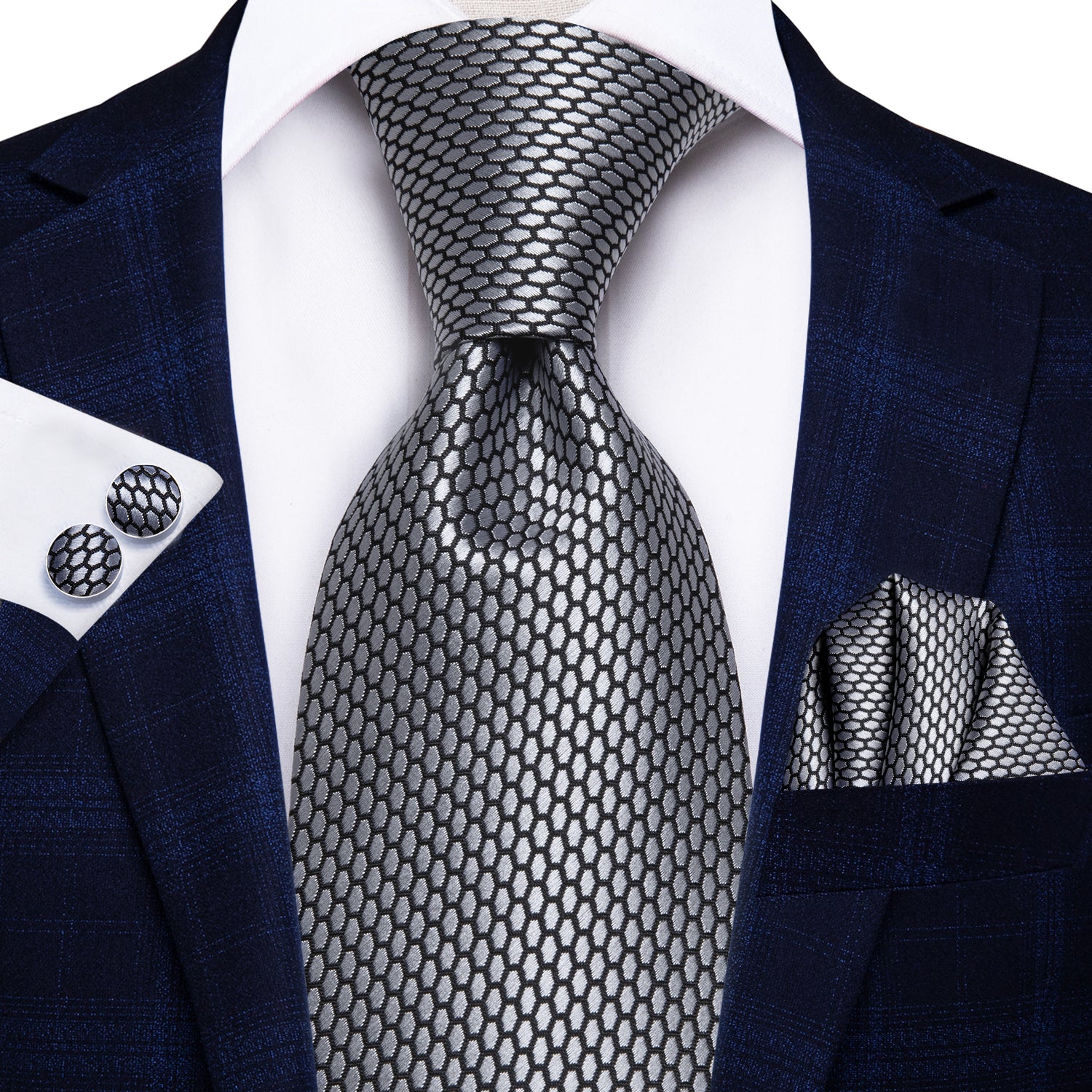 Grey Geomotric 67 Inches Extra Long Tie Handkerchief Cufflinks Set