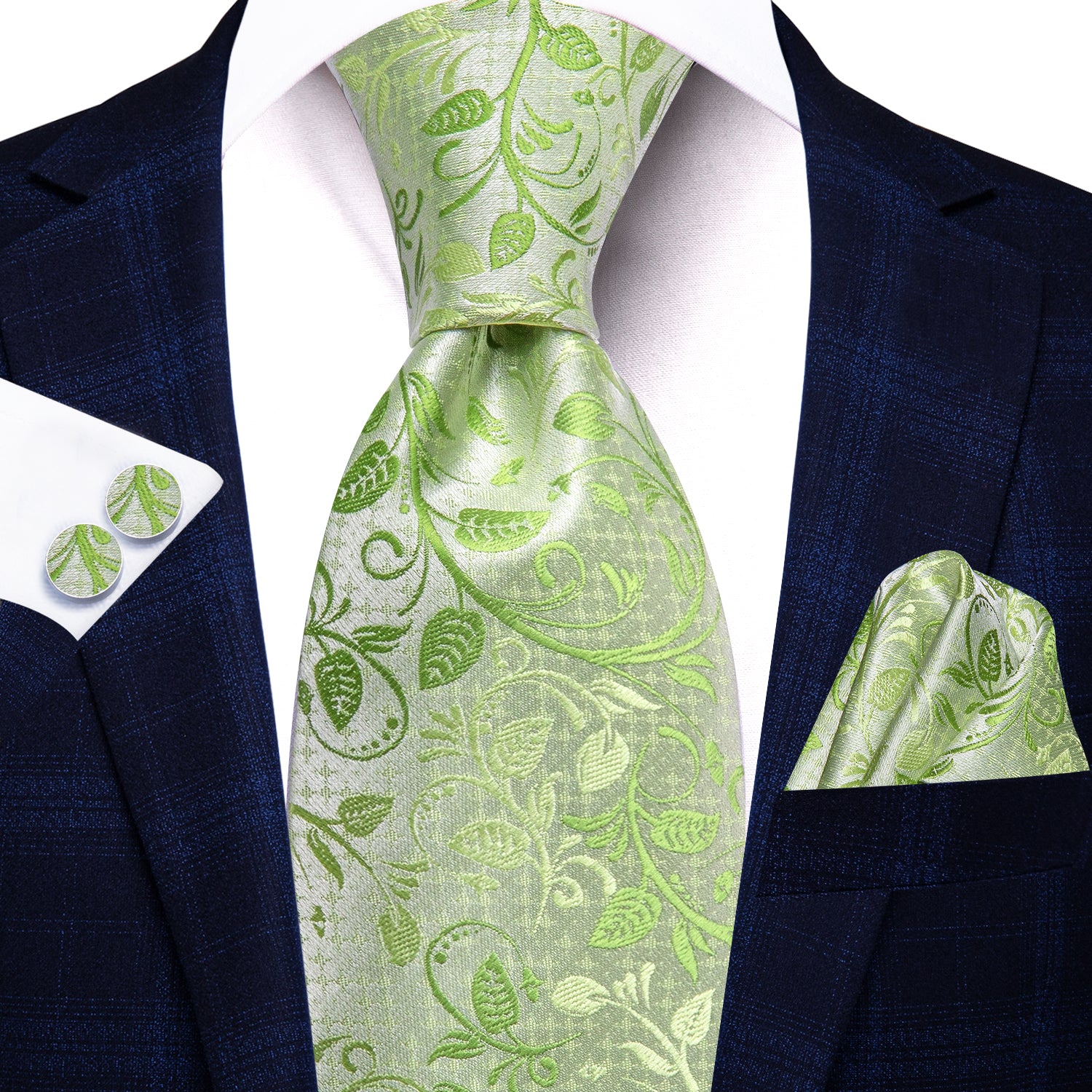 Spring Green Floral Extra Long Tie Handkerchief Cufflinks Set