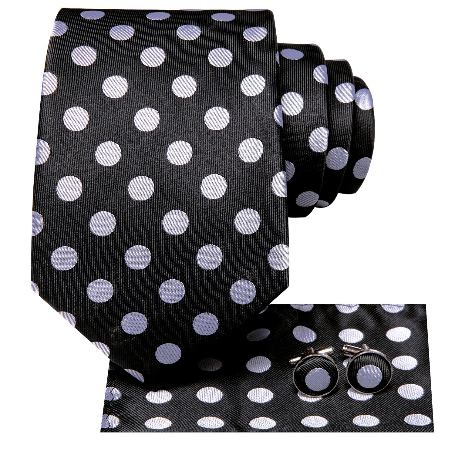 Black White Polka Dots 67" Extra Long Tie Hanky Cufflinks Set