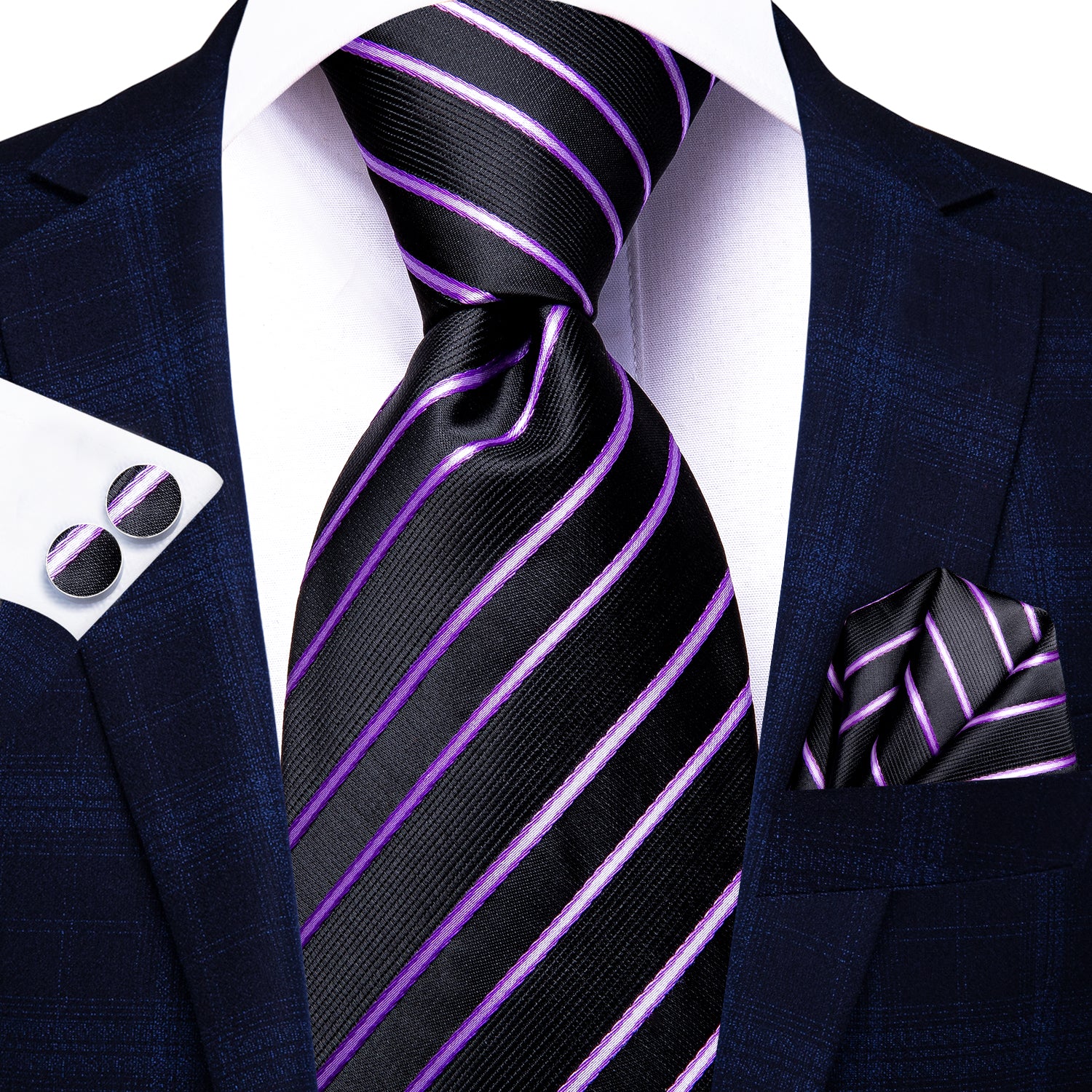 Black Purple Striped 67 Inches Extra Long Tie Handkerchief Cufflinks Set