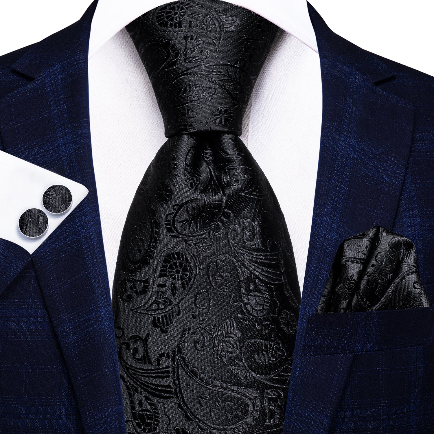 Black Paisley 67 Inch Extra Long Tie Handkerchief Cufflinks Set