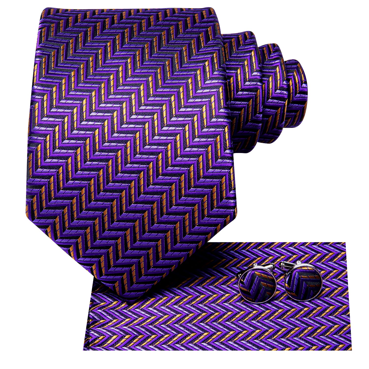 Purple Yellow Novelty 67 Inch Extra Long Tie Hanky Cufflinks Set